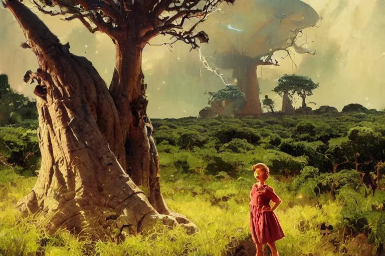 Prompt: 5 0 s pulp scifi illustration, space girl beside baobab tree in english countryside, storm on horizon, by wadim kashin, norman rockwell, morgan weistling, earle bergey, craig mullins, ruan jia, chris foss, tyler edlin