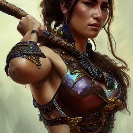 Image similar to fullbody portrait of pelin baynazoğlu, muscular, upper body,big chest, amazon warrior, fantasy, intricate, elegant, highly detailed, digital painting, artstation, concept art, matte, sharp focus, illustration, art by Artgerm and Greg Rutkowski and Alphonse Mucha