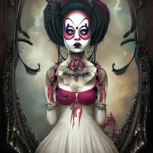 Prompt: ultra realist soft painting of a single attractive asian female clown with gothic makeup smiling in a long dress, curiosities carnival, symmetry accurate features, very intricate details, focus, curvy, artstyle by Tom Bagshaw, award winning