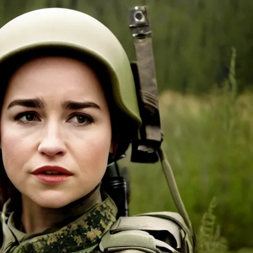 Image similar to a photograph of emilia clark as a female soldier, cinematic lightening, professional, pentax k 1 0 0 0, sharp focus