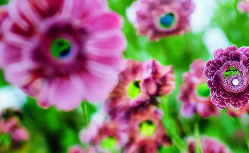 Prompt: macro depth of field beautiful flowers with cyborg eyes in the middle