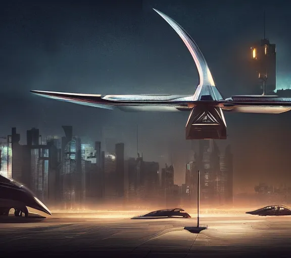 Image similar to man stands beside futuristic sci fi jet landed at runway of cyberpunk city, night photo ,dark cinematic lighting , digital concept art