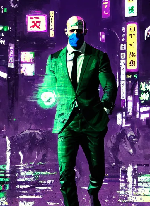 Prompt: jason statham as masked jaguar god walking in shinjuku, green and purple hour by ismail inceoglu