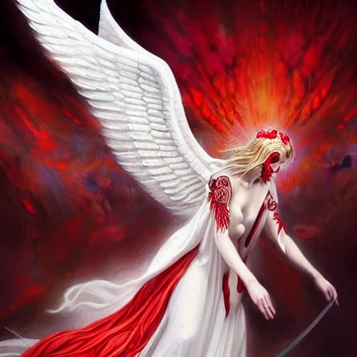 Prompt: beautiful white angel battling red winged devil, surreal, fantasy, intricate, mechanical, elegant, dramatic, highly detailed, gears, lifelike, photorealistic, digital painting, painterly, artstation, concept art, smooth, head in focus, sharp focus, background aerial battle, illustration, art by John Collier and Krenz Cushart and Artem Demura and Alphonse Mucha and Albert Aublet,