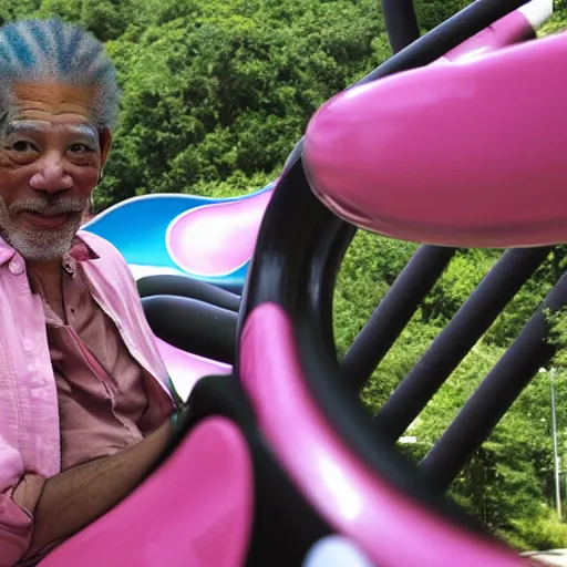 Image similar to morgan freeman with a pink mohawk and a nose ring riding a rollercoaster