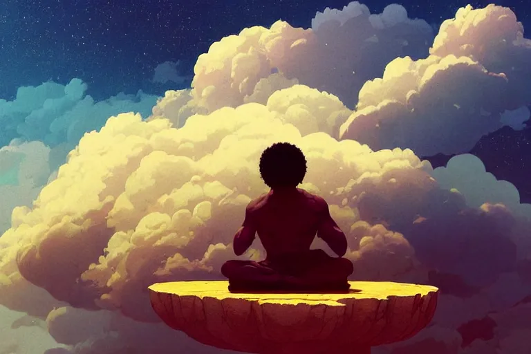 Image similar to Pixiv Digital art Full Body Extreme Detailed Full and Isolated and singular portrait of Morgan Freeman sitting on a Cloud in the sky. His legs are crossed lotus position in the scene is full of clouds by Ilya Kuvshinov and Greg Rutkowski