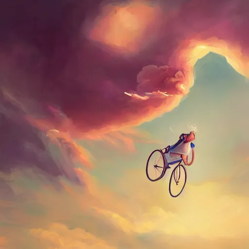 Prompt: 2ft away from a striking scene, a closeup painting of a happy man flying in the sky on his bicycle in the clouds, perfect expression, award-winning digital art by Ross Tran