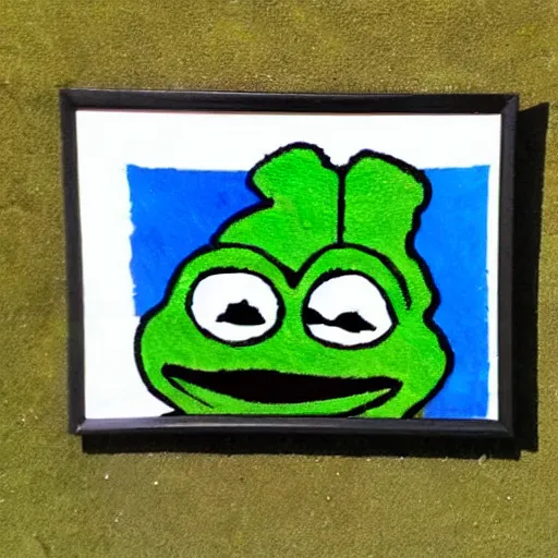 Prompt: Pepe frog art driving a car