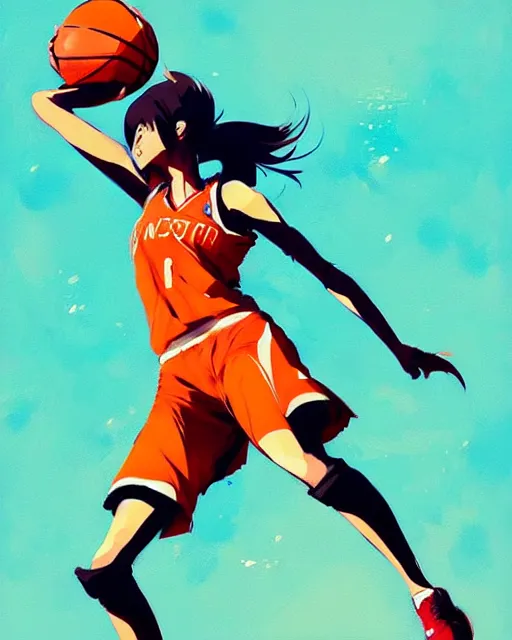 Image similar to a ultradetailed beautiful panting of a woman playing basketball, by conrad roset, greg rutkowski and makoto shinkai, trending on artstation