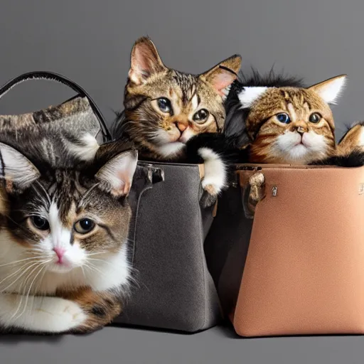 Prompt: lots of furry cats inside a big handbag, gray background, studio lighting, detailed photo, 4 k, 8 k