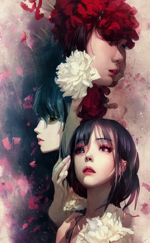 Prompt: bestselling movie poster, official media,a cinematic beautiful closeup moment of saying goodbye with peonies, simple form, brutal shapes, shaman, pixiv, 1970s fashion, official anime media, cinematic lighting, artstation consept artwork by doja cat, charlie bowater, waterhouse, ,greg rutkowski, wong kar wai