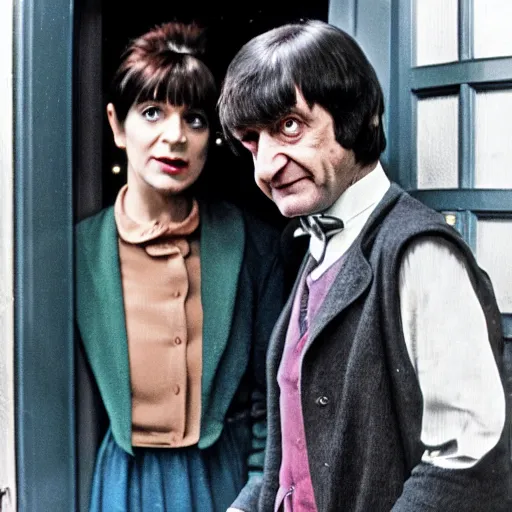 Image similar to The Second Doctor stepping out of the Tardis with his companion Polly, colourised, high definition