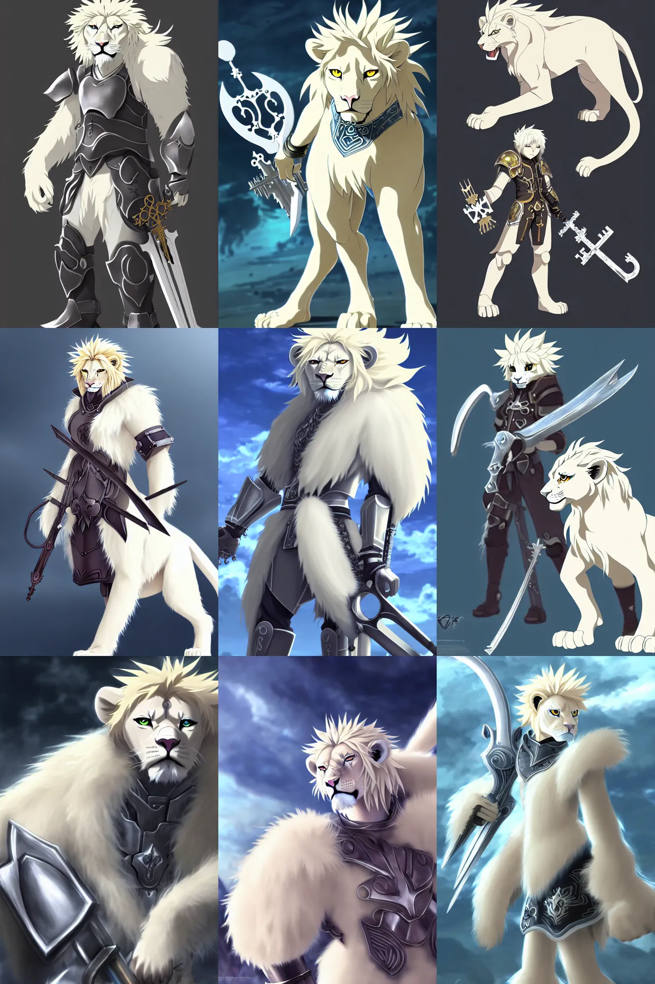 Prompt: albino lion with keyblade armor, fursona, anthro, anime key visual, detailed armor, makoto shinkai, portrait