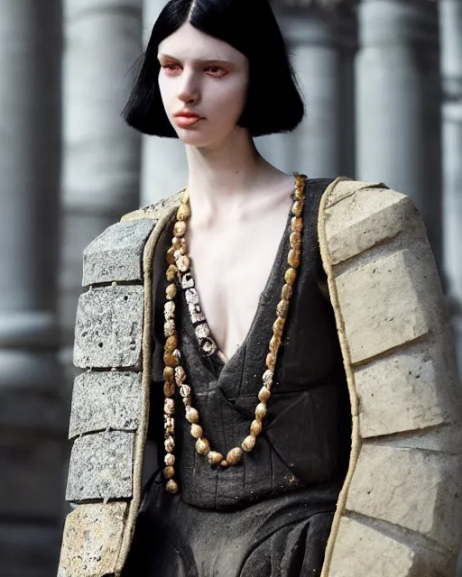 Prompt: alina wearing an outfit made from antique stone tablets, at new york fashion week, lush black hair, average physique, freckled pale skin, photo by greg rutkowski and tim walker, stage lighting, female beauty, intricate detail, risque fashion, elegance, 3 5 mm, depth of field, masterpiece