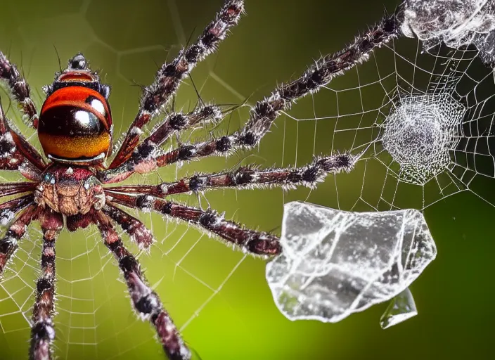 Image similar to super macro of a crystal spider with big eyes sitting on a flower, in the forest. Fantasy magic style. Highly detailed 8k. Intricate. Nikon d850 300mm. Award winning photography.