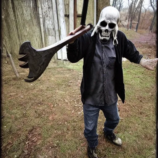 Image similar to bill moseley stealing the grim reaper's weapon, realistic horrors