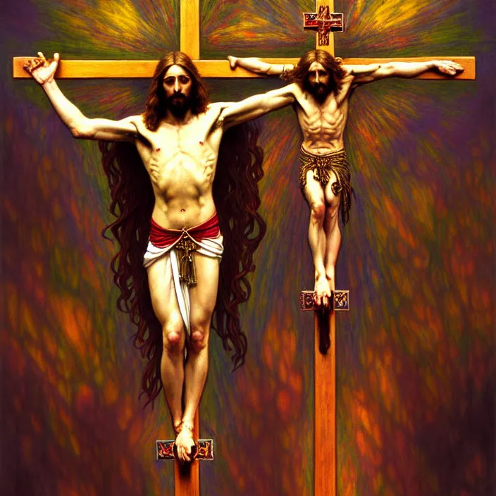 Image similar to psychedelic Jesus Christ Crucifixion, diffuse lighting, fantasy, intricate, elegant, highly detailed, lifelike, photorealistic, digital painting, artstation, illustration, concept art, smooth, sharp focus, art by John Collier and Albert Aublet and Krenz Cushart and Artem Demura and Alphonse Mucha