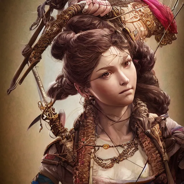 Image similar to the portrait of lawful neutral semi - colorful female archer huntress as absurdly beautiful, gorgeous, elegant, young girl, an ultrafine hyperdetailed illustration by kim jung gi, irakli nadar, intricate linework, bright colors, octopath traveler, final fantasy, unreal engine 5 highly rendered, global illumination, radiant light, detailed and intricate environment