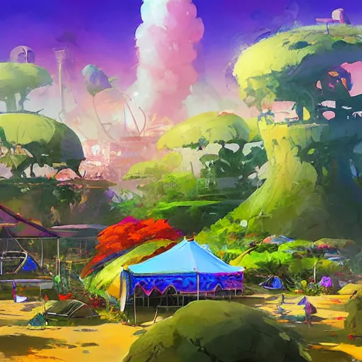 Image similar to hippie bohemian encampment with tie - dye tents and a garden with solar panels. a futuristic city in the distance. art by jesper ejsing, by rhads and tyler edlin, cgsociety, panfuturism, dystopian, bold colors, digital art, cyberpunk, expressive brushstrokes. anime aesthetic