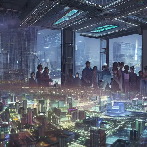 Prompt: large group people in a glass warehouse, looking at hologram of futuristic city on a table | cinematic concept art | godrays | 4 k | clear details | tabletop model buildings | tabletop model | hologram center