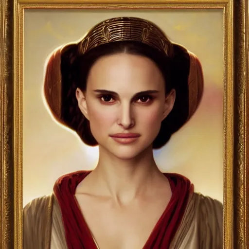 Image similar to Painting of Natalie Portman as Padme Amidala. Art by william adolphe bouguereau. During golden hour. Extremely detailed. Beautiful. 4K. Award winning.