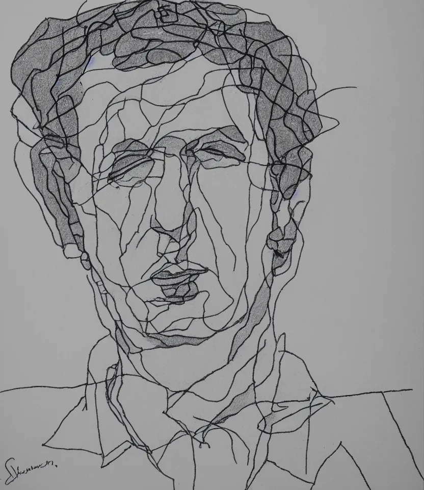 Prompt: minimalist line art portrait of leonard cohen, inspired by egon schiele. contour lines, freestyle twirls and curves, musicality, quick sketch