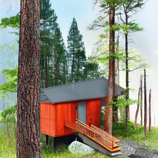 Prompt: Ramped Entrance - 'Woodnest' Cabin Is a Tiny Self-Supported Tree House in This Norwegian Forest, orange dawn, Nice colour scheme, soft warm colour. Studio Gibli. Beautiful detailed watercolor by Lurid. (2022)