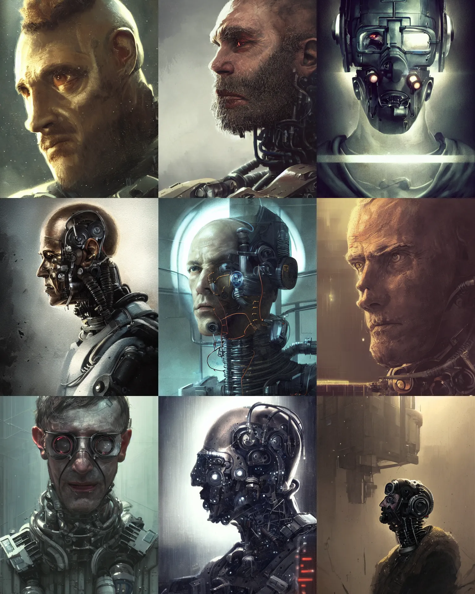 Prompt: a half - masked rugged middle aged laboratory engineer man with cybernetic enhancements as seen from a distance, scifi character portrait by greg rutkowski, esuthio, craig mullins, 1 / 4 headshot, cinematic lighting, dystopian scifi gear, gloomy, profile picture, mechanical, half robot, implants, steampunk