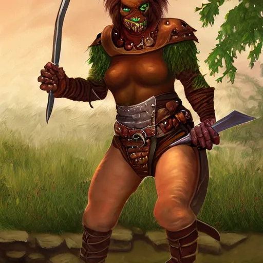 Image similar to character portrait of a wild - eyed female goblin wielding daggers and wearing fully clothed leather armor. d & d. digital painting. high detail. trending on artstation. larry elmore.