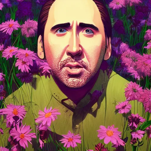 Image similar to a portrait of Nicolas Cage, field of flowers background, rich vivid colors, ambient lighting, dynamic lighting, 4k, official media, anime key visual, makoto shinkai, ilya kuvshinov, lois van baarle, rossdraws, detailed, trending on artstation