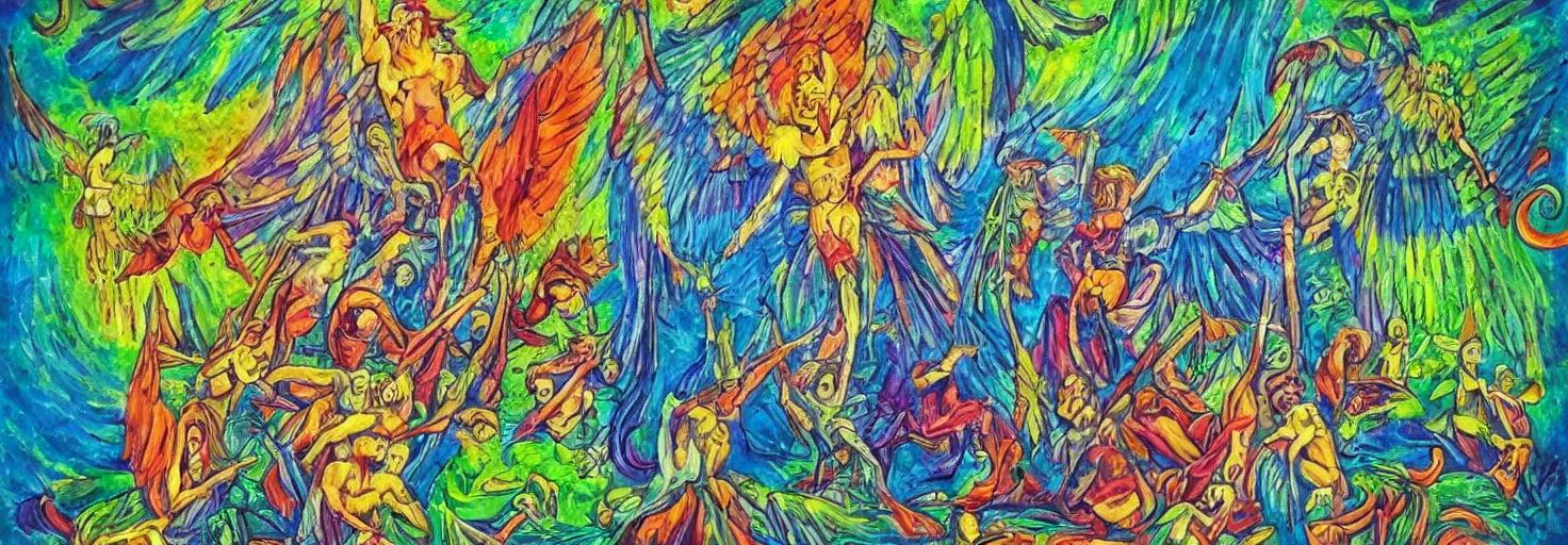 Image similar to elements of nature, angels and demons, hemp, bright colors, degenerate art