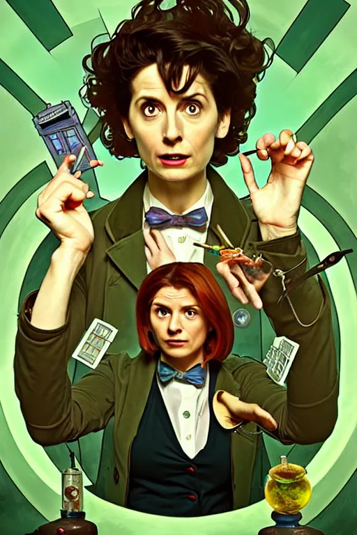 Image similar to doctor who, woman, as a mad dentist, on a plain green background, art by artgerm and greg rutkowski and alphonse mucha