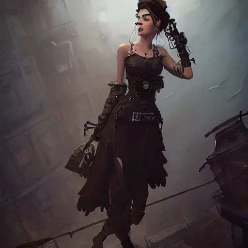 Image similar to an attractive women in a steampunk style high cut dress by greg rutkowski, sung choi, mitchell mohrhauser, maciej kuciara, johnson ting, maxim verehin, peter konig, 8 k photorealistic, cinematic lighting, hd, high details, dramatic, dark atmosphere, trending on artstation