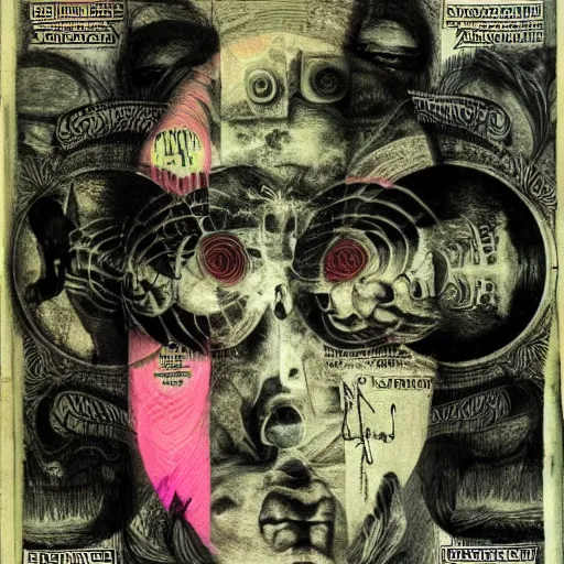 Image similar to post - punk new age album cover, asymmetrical design, dollar bank notes, capitalism, magic, apocalypse, psychedelic, black white pink, magic, giger h. r., giuseppe arcimboldo