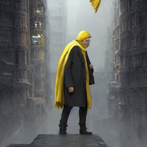 Prompt: luxury advertisement, a highly detailed epic cinematic concept art CG render digital painting artwork of an elderly professor in a grey coat with a long yellow scarf preaching for the revolution to start. By Greg Rutkowski, Ilya Kuvshinov, WLOP, Stanley Artgerm Lau, Ruan Jia and Fenghua Zhong, trending on ArtStation, made in Maya, Blender and Photoshop, octane render, excellent composition, cinematic dystopian soviet atmosphere, dynamic dramatic cinematic lighting, aesthetic, very inspirational, arthouse