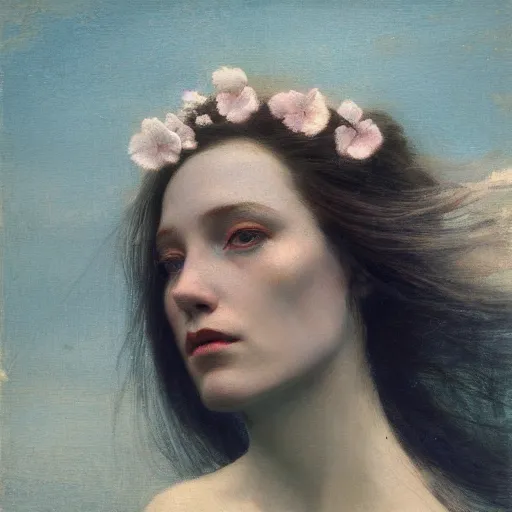 Prompt: goddess of magnolias, wind swept hair, murky underwater and dreaming by jeremy lipkin, vincent di fate, hieronymus bosch, rule of thirds, seductive look, beautiful