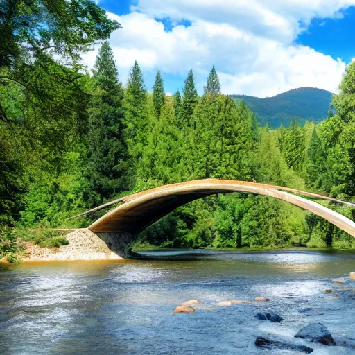 Image similar to bridge over a river within a large valley, scenic, blue sky above, trees in background, hd, 8k