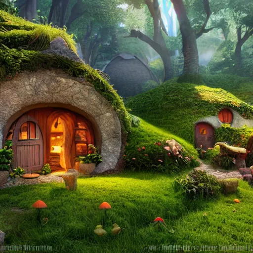 Image similar to village, hobbit house, mushroom house, 3 d render, illustrated, incredible details, highly detailed, colorful, photorealistic, disney pixar, octane render, iridescent, anime, 8 k