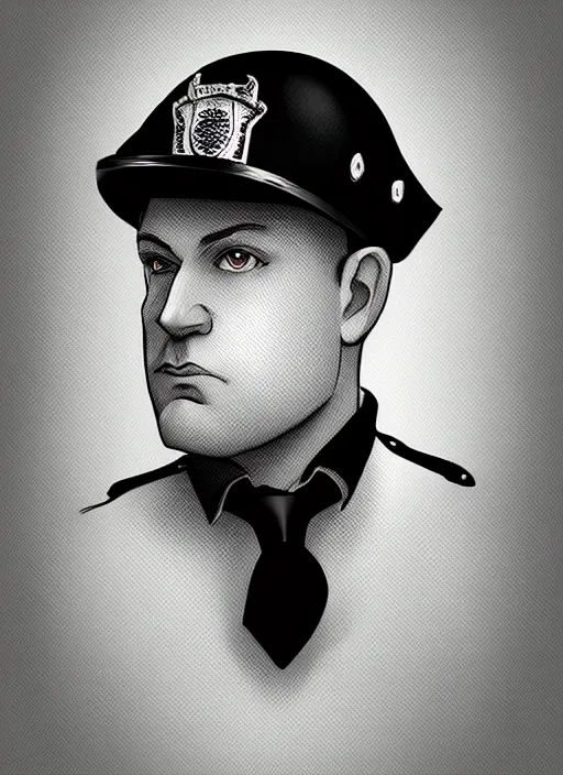 Image similar to a highly detailed illustration of 3 3 year - old clean - shaven chubby white man from uk wearing black police sweater with necktie and police helmet, heroic pose, black and white checker background, intricate, elegant, highly detailed, centered, digital painting, artstation, concept art, smooth, sharp focus, league of legends concept art, wlop.