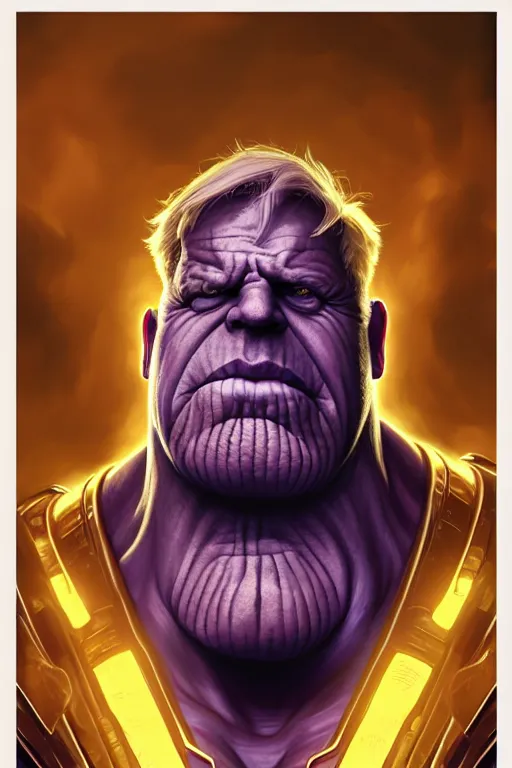 Image similar to Boris Johnson as Thanos, Boris Johnson hairstyle, calm, grumpy, portrait, masculine figure, highly detailed, digital painting, artstation, concept art, smooth, sharp focus, illustration, cinematic lighting, art by artgerm and greg rutkowski and alphonse mucha