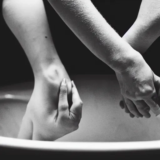 Prompt: a romantic beautiful image of two people in an old claw - foot tub reaching their hands to one another