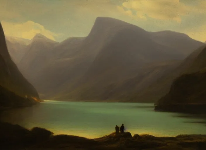 Image similar to norwegian fjords in the style of hudson river school of art, oil on canvas