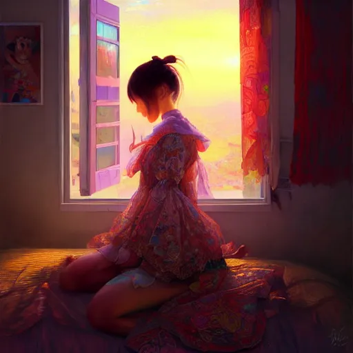 Image similar to beautiful young girl in intricate clothing by ross tran, sleeping in a messy bedroom at sunset, painted by sana takeda, reflections, very high intricate details, painting by liu xiaodong, digital anime art, medium shot, mid - shot, composition by ilya kuvshinov, lighting by greg rutkowski