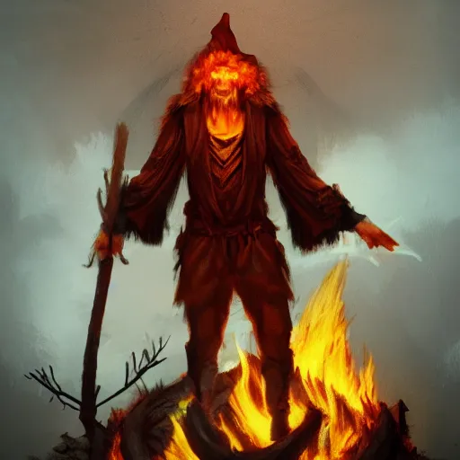 Prompt: male witch stands on a fire burning pyre, surrounded by flames, artstation