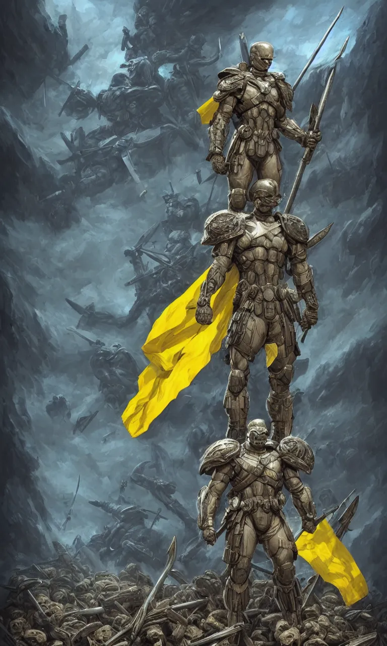 Image similar to a distant shot of a super soldier with blue and yellow flag and a trident symbol standing alone on a huge pile of skulls as a winner, masculine figure, D&D, fantasy, intricate, elegant, highly detailed, extremely detailed, digital painting, artstation, concept art, matte, smooth, sharp focus, illustration, art by Artgerm and Greg Rutkowski and Alphonse Mucha