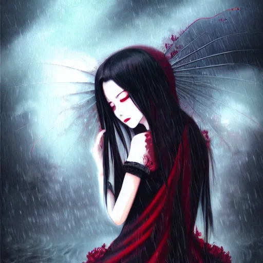 Prompt: beautiful lustful female ghost, in the rain, highly detailed, painting, dark red and black color palette, intricate, high quality anime artstyle, in the style of sana takeda