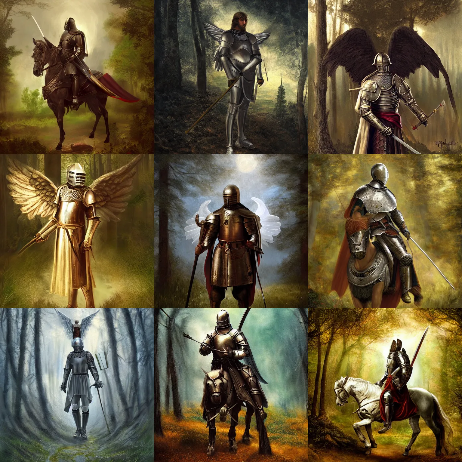 Prompt: conceptual art of a medieval knight with angel wings in a forest at night, realistic painting, classical painting, high definition, digital art, matte painting, very detailed, realistic