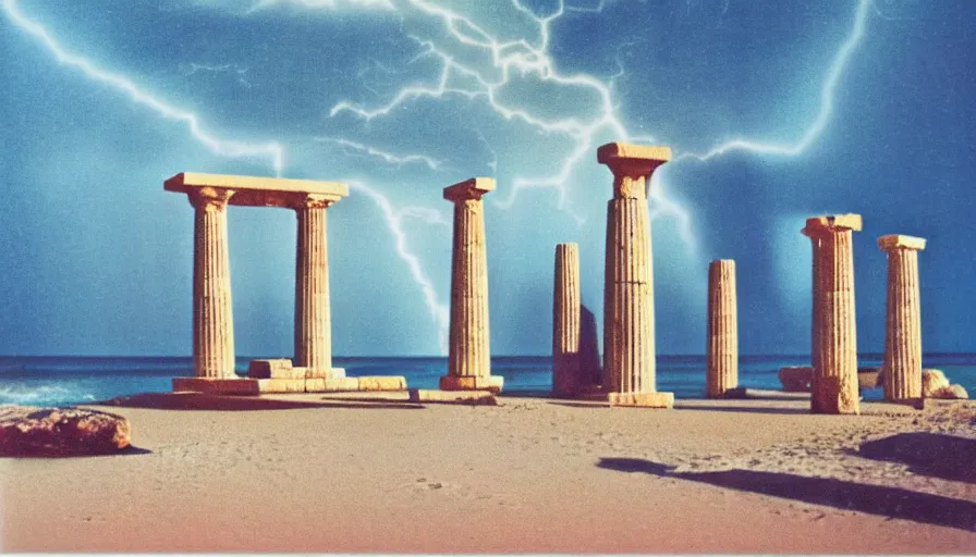 Image similar to A 1985 vintage magazine architecture photo of a beach doric temple, mediterranean architecture, refracted lines and sparkles, thunderstorm outside, beach on the background major arcana sky and occult symbols, hyperrealistic, award-winning, 1985