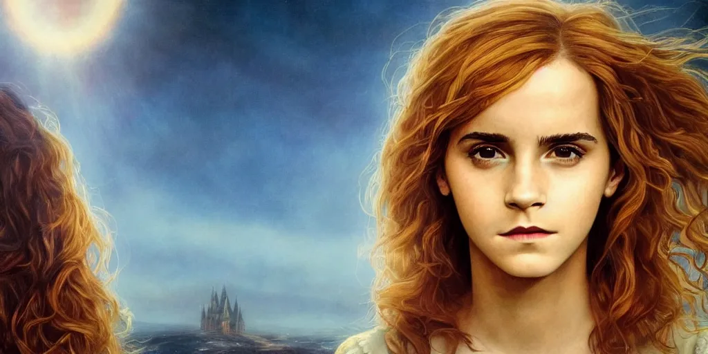 Image similar to Surreal. Vivid. Emma Watson as Hermione Granger. Beautiful. Golden. Hazel. Rays of light. WLOP!!!. Sunset. Captivating. James Paick. Gustave Baumann. Guy Denning. Jean Delville. Clyde Caldwell. Andrew Ferez. John Harris. Extremely detailed. 4K.