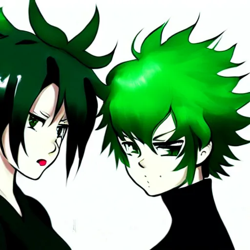 Prompt: tatsumaki and fubuki, green hair, green eyes, black clothing, trending on pixiv